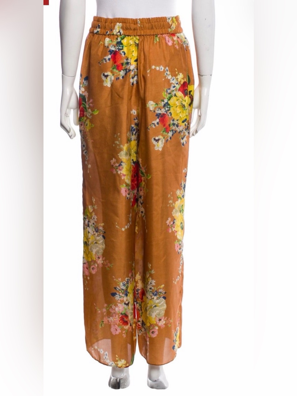 Zimmermann Silk Wide Leg Floral Print Pants - Mustard Yellow Designer Size 1 /6